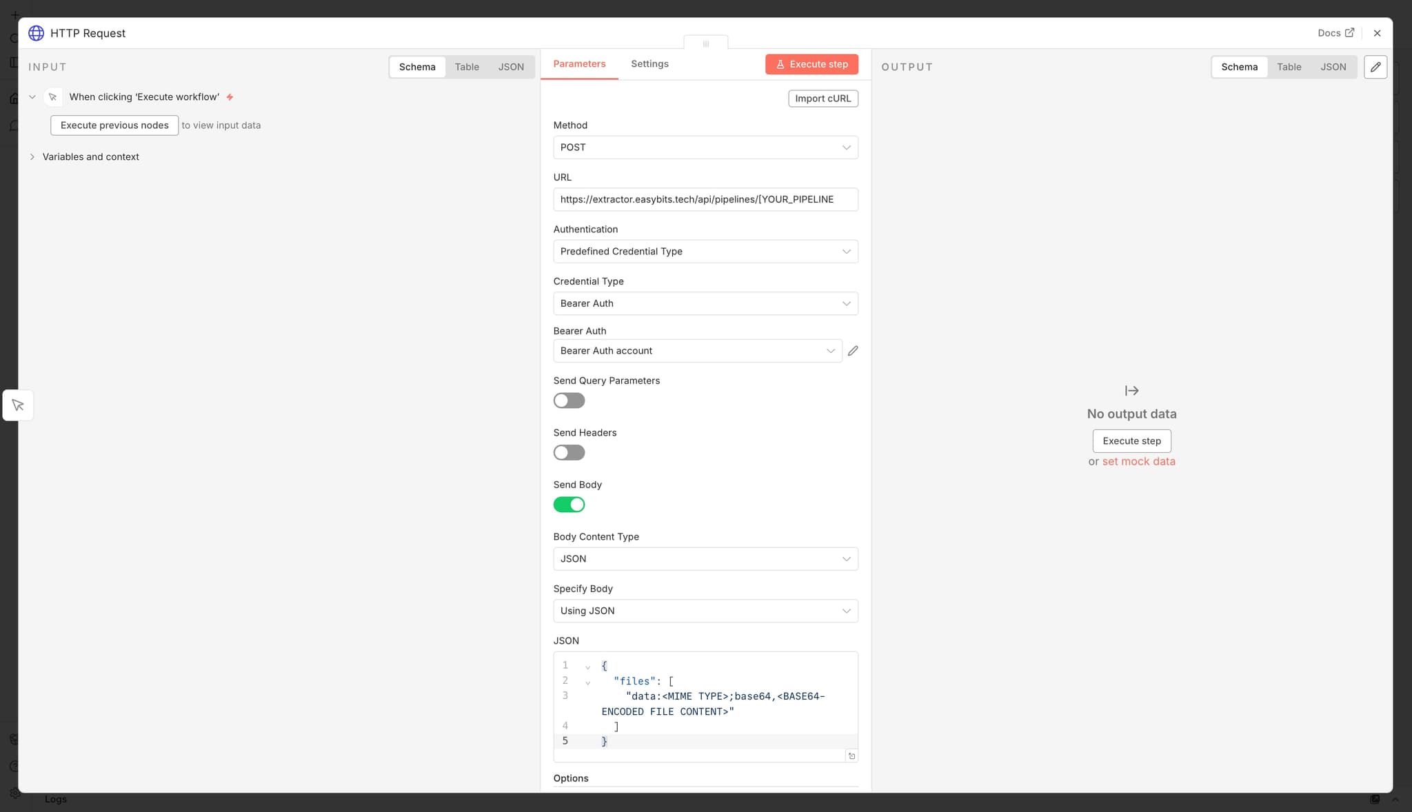 HTTP Request Node settings